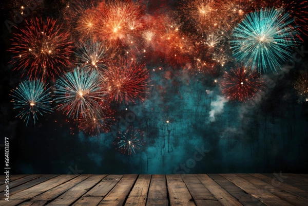 Obraz Fire work, blue and red color background, copy space, empty space. AI generative