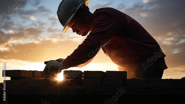 Fototapeta Silhouette construction mason worker bricklayer, construction worker laying bricks and building barbecue in industrial site.