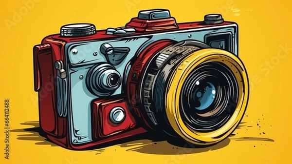 Fototapeta a retro camera on a yellow background. Fantasy concept , Illustration painting.