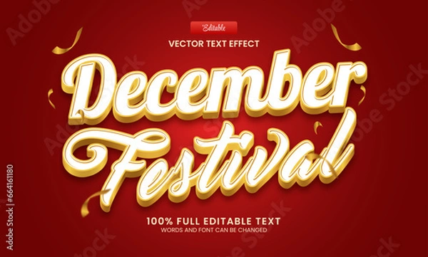 Fototapeta Design Editable text effect, December Festival 3d gold text vector illustration