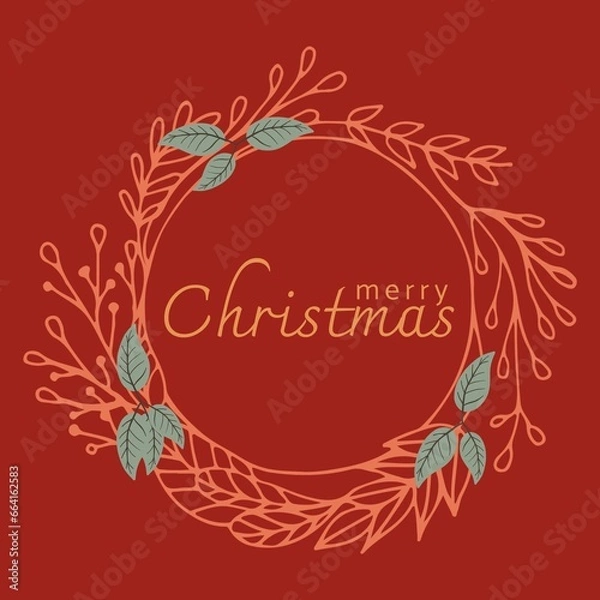 Fototapeta Illustration of wreath and merry christmas text on red background, copy space
