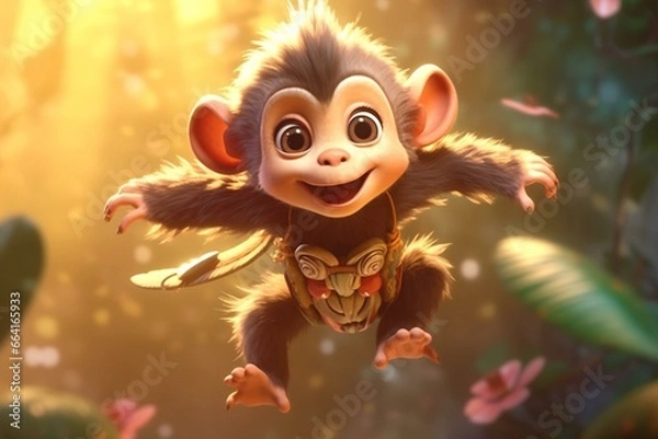 Fototapeta A charming baby monkey illustrated in a child-friendly animated fantasy style. Generative AI