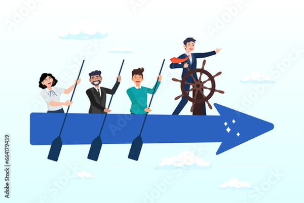 Fototapeta Businessman manager lead people teamwork sailing arrow, leadership to lead team to the right direction, employee teamwork to help success, manager to motivate team or company to move forward (Vector)