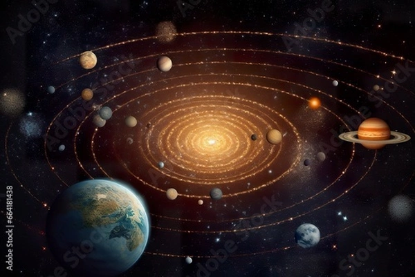 Fototapeta Our 3d Solar system with planets in orbits path.