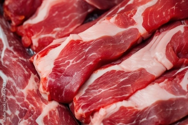 Fototapeta Macro shot of pork meat. Meat textured background. Beef steak is raw and juicy.