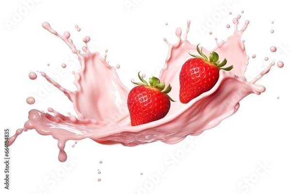 Fototapeta milk or yogurt splash with strawberries isolated on white background, 3d rendering.