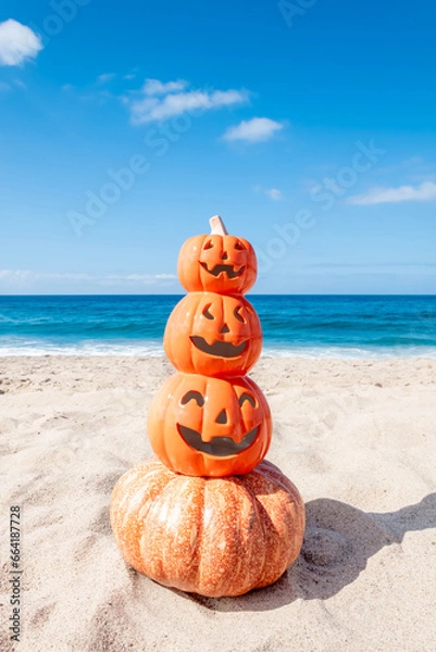 Obraz Four pumpkins on the beach - Halloween background
