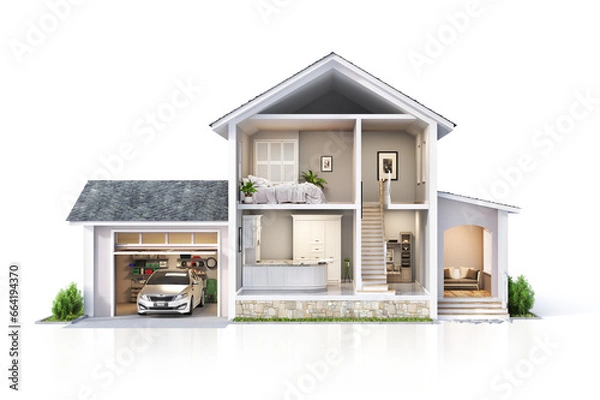 Fototapeta House concept. Sliced house with interior. 3d illustration