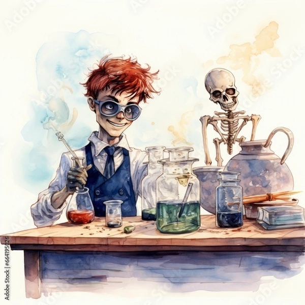 Fototapeta A student in a science classroom with lab equipment, watercolor.