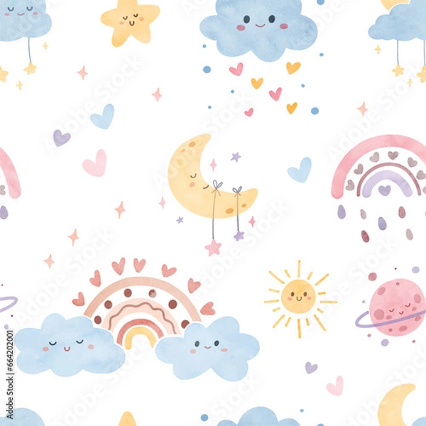 Obraz Seamless pattern boho rainbow and cute elements. Watercolor Illustration