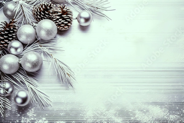 Fototapeta Christmas decoration composition on wooden white background with fir branches, pine cones, top view, copy space, banner format