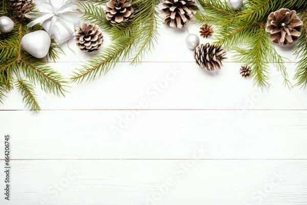 Fototapeta Christmas decoration composition on wooden white background with fir branches, pine cones, top view, copy space, banner format
