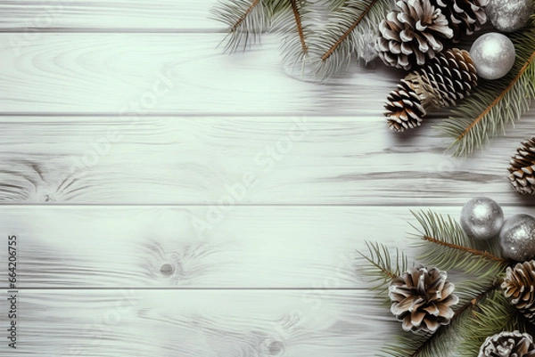 Fototapeta Christmas decoration composition on wooden white background with fir branches, pine cones, top view, copy space, banner format