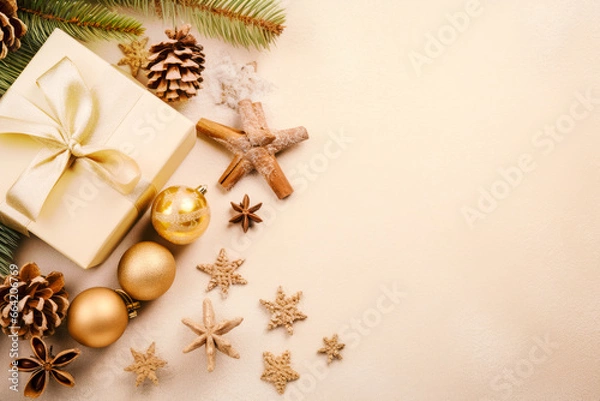 Fototapeta Christmas decoration composition on beige background with gift box , fir branches, pine cones, starfish,  cinnamon, top view, copy space, banner format
