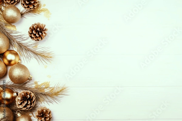 Fototapeta Christmas decoration composition on wooden white background with fir branches, pine cones, top view, copy space, banner format