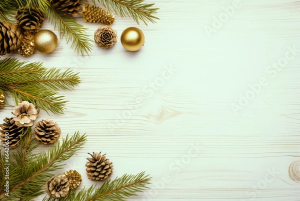 Fototapeta Christmas decoration composition on wooden white background with fir branches, pine cones, top view, copy space, banner format