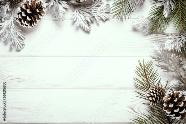 Fototapeta Christmas decoration composition on wooden white background with fir branches, pine cones, top view, copy space, banner format