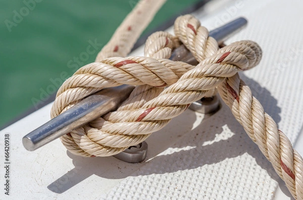 Fototapeta Nautical knot rope tied around stake on boat or ship