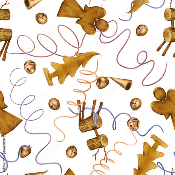 Fototapeta Christmas seamless pattern with Christmas ornaments digital illustration isolated on white. wooden toy, deer, jingle bells, serpentine hand drawn. Element for new year design wrapping, background