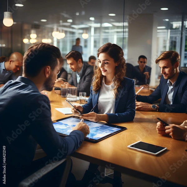 Fototapeta Business people discussing documents and ideas at meeting