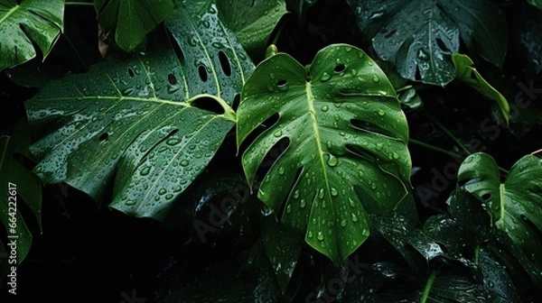 Fototapeta  a large green leaf with water droplets on it's leaves.  generative ai