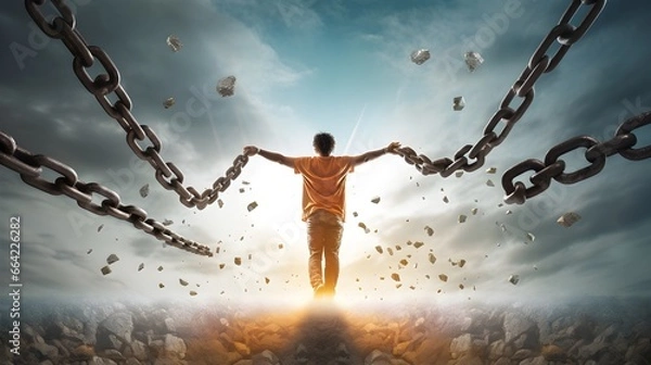 Fototapeta This illustration captures the liberating potential of new medications, allowing individuals to break free from the chains of addiction and obesity, embarking on a bright and hopeful future.