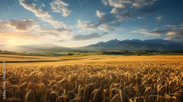 Obraz golden wheat field, vast agriculture landscape with golden wheat fields, farming, Ai Generate 