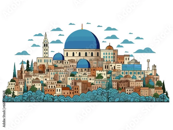 Fototapeta Doodle Jerusalem skyline, cartoon sticker, sketch, vector, Illustration, minimalistic