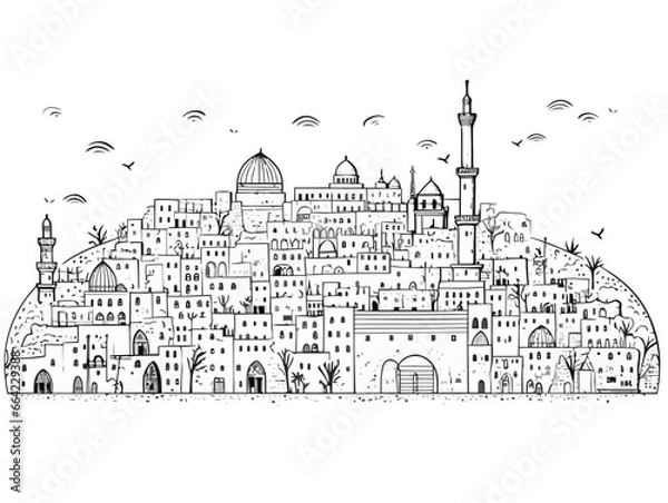 Obraz Doodle Jerusalem skyline, cartoon sticker, sketch, vector, Illustration, minimalistic