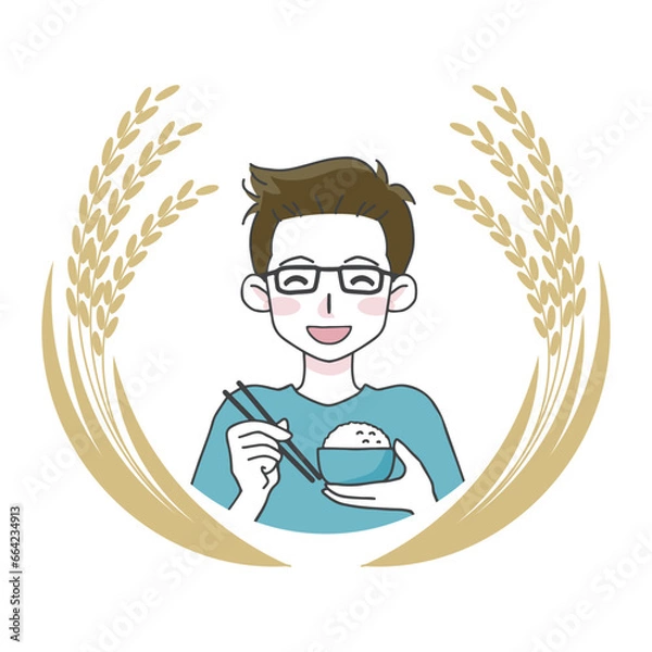 Obraz 美味しそうにご飯を食べる男性のイラスト04