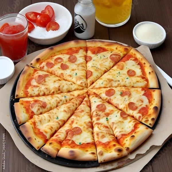 Fototapeta Tasty pizza with creamy cheese and delightful combination of toppings
