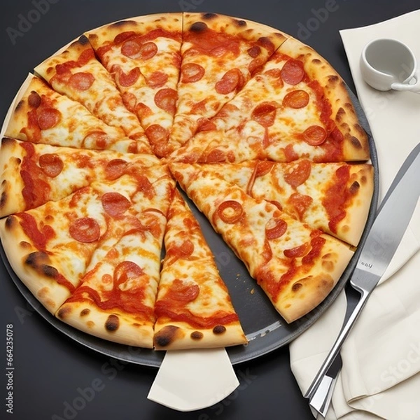 Fototapeta Tasty pizza with creamy cheese and delightful combination of toppings