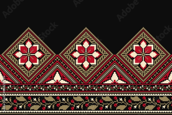 Fototapeta flower embroidery on black background. ikat and cross stitch geometric seamless pattern ethnic oriental traditional. Aztec style illustration design for carpet, wallpaper, clothing, wrapping, batik.
