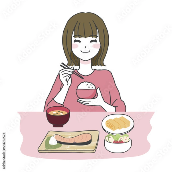Obraz 美味しそうにご飯を食べる女性のイラスト01