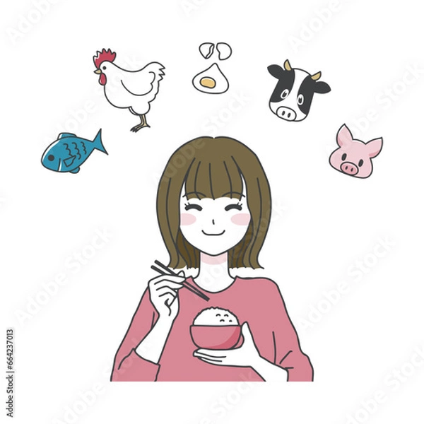 Obraz 美味しそうにご飯を食べる女性のイラスト02