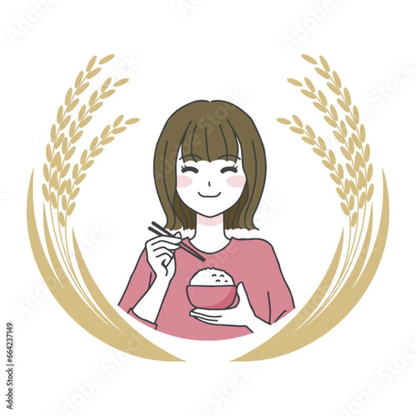Obraz 美味しそうにご飯を食べる女性のイラスト04