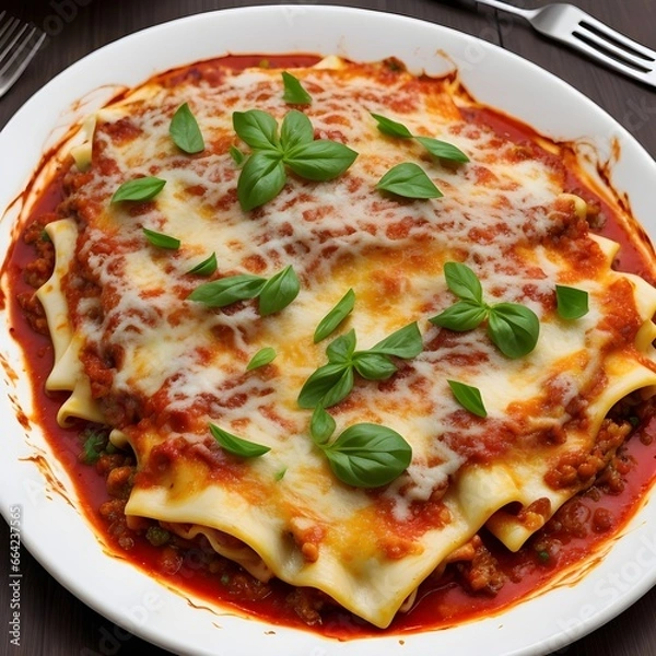Fototapeta Rich and creamy lasagna dish filled layer by layer with fresh ingredients and topped with quality mozzarella
