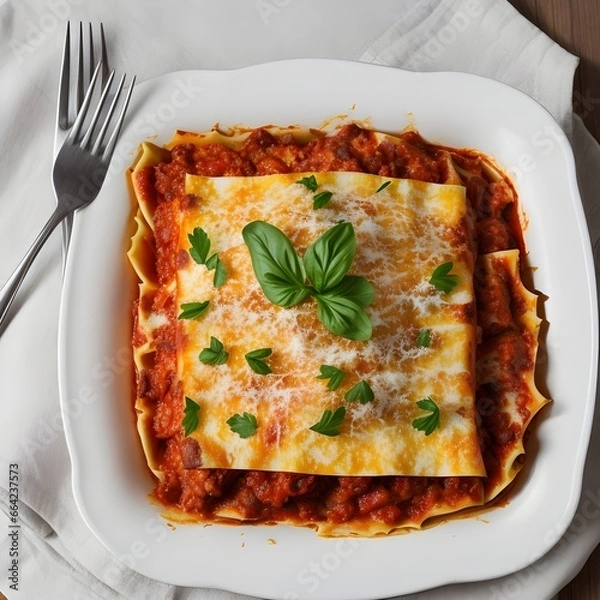 Fototapeta Rich and creamy lasagna dish filled layer by layer with fresh ingredients and topped with quality mozzarella
