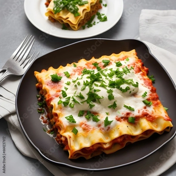 Fototapeta Rich and creamy lasagna dish filled layer by layer with fresh ingredients and topped with quality mozzarella
