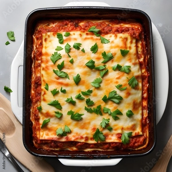 Fototapeta Rich and creamy lasagna dish filled layer by layer with fresh ingredients and topped with quality mozzarella
