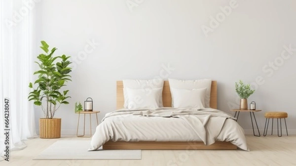 Fototapeta Modern bedroom scene with two made beds and a potted plant