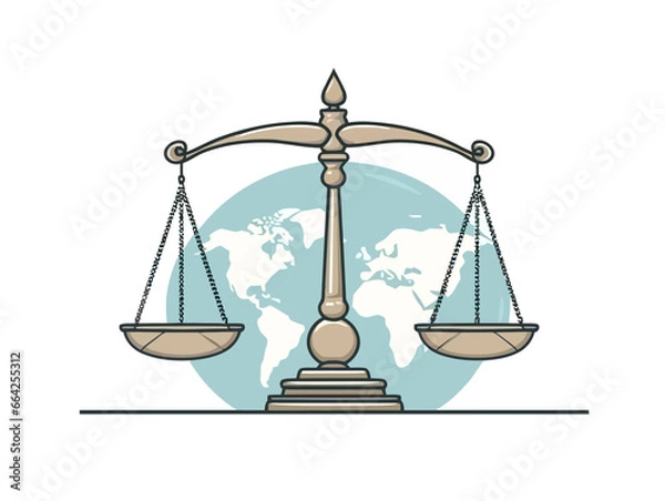 Obraz Doodle World map with justice scales, cartoon sticker, sketch, vector, Illustration, minimalistic