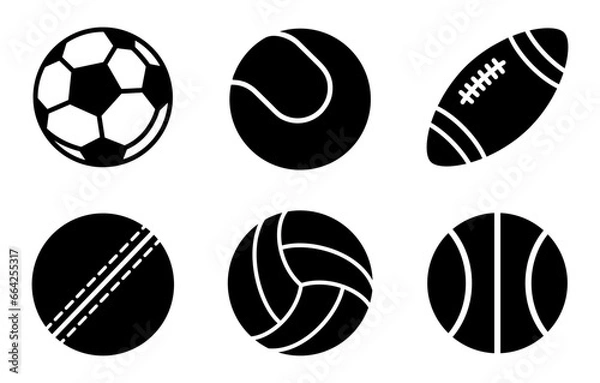 Fototapeta Sports Balls icon set. football, ball, basketball, soccer, volleyball, baseball, sport, game, rugby, handball, icons. Black solid icon collection. Vector illustration