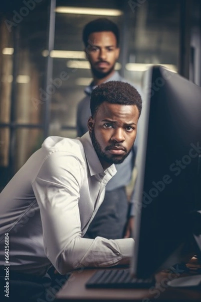 Fototapeta Two Men Working in an Office Environment. Fictional characters created by Generated AI.