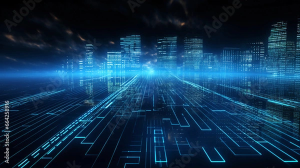 Fototapeta Abstract digital graphics Futuristic 3D Concept, AI and Big Data Technology background, cityscape, Information Digitalization Lines, Generative AI.