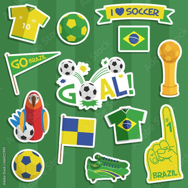 Obraz Brazil football stickers vector clipart soccer flag shirt goal ribbons on striped green background