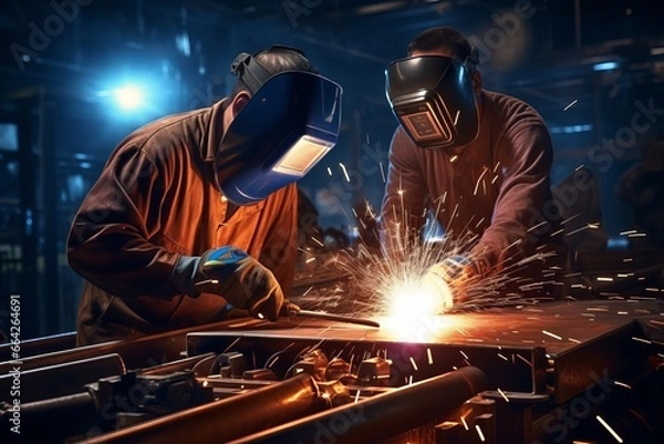 Fototapeta Workers and welders welding in the factory