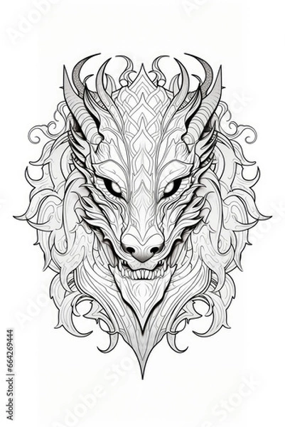 Fototapeta coloring page with mandala ornaments of a adult dragon head in a line art hand drawn style
