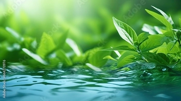 Fototapeta Beautiful product presentation background with green leaves on a rippling water surface Ample space for copy