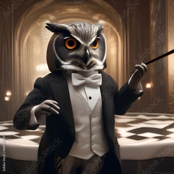 Fototapeta A sophisticated owl in a tuxedo, conducting an orchestra with a tiny conductor's baton3